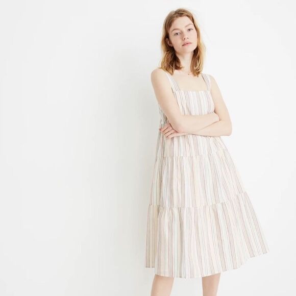 Madewell Button-Back Tiered Dress in Rainbow Stripe sz 0 - Picture 1 of 10